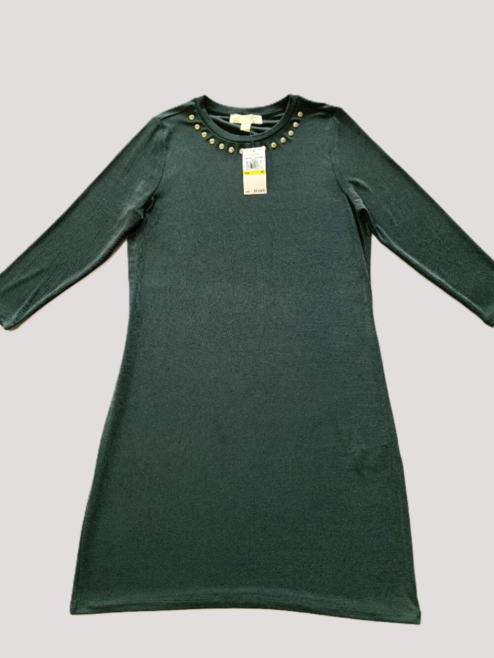 Brand New Michael Kors Dark Green Studded Neck Dress Long Sleeves Size M